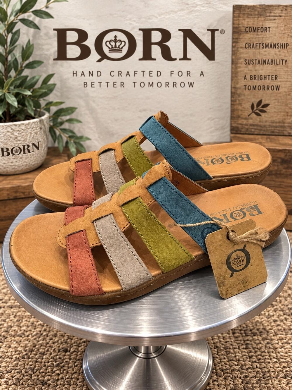 Born Lynae D53616 Leather Multi Color Strappy Slide Sandals Size 6M